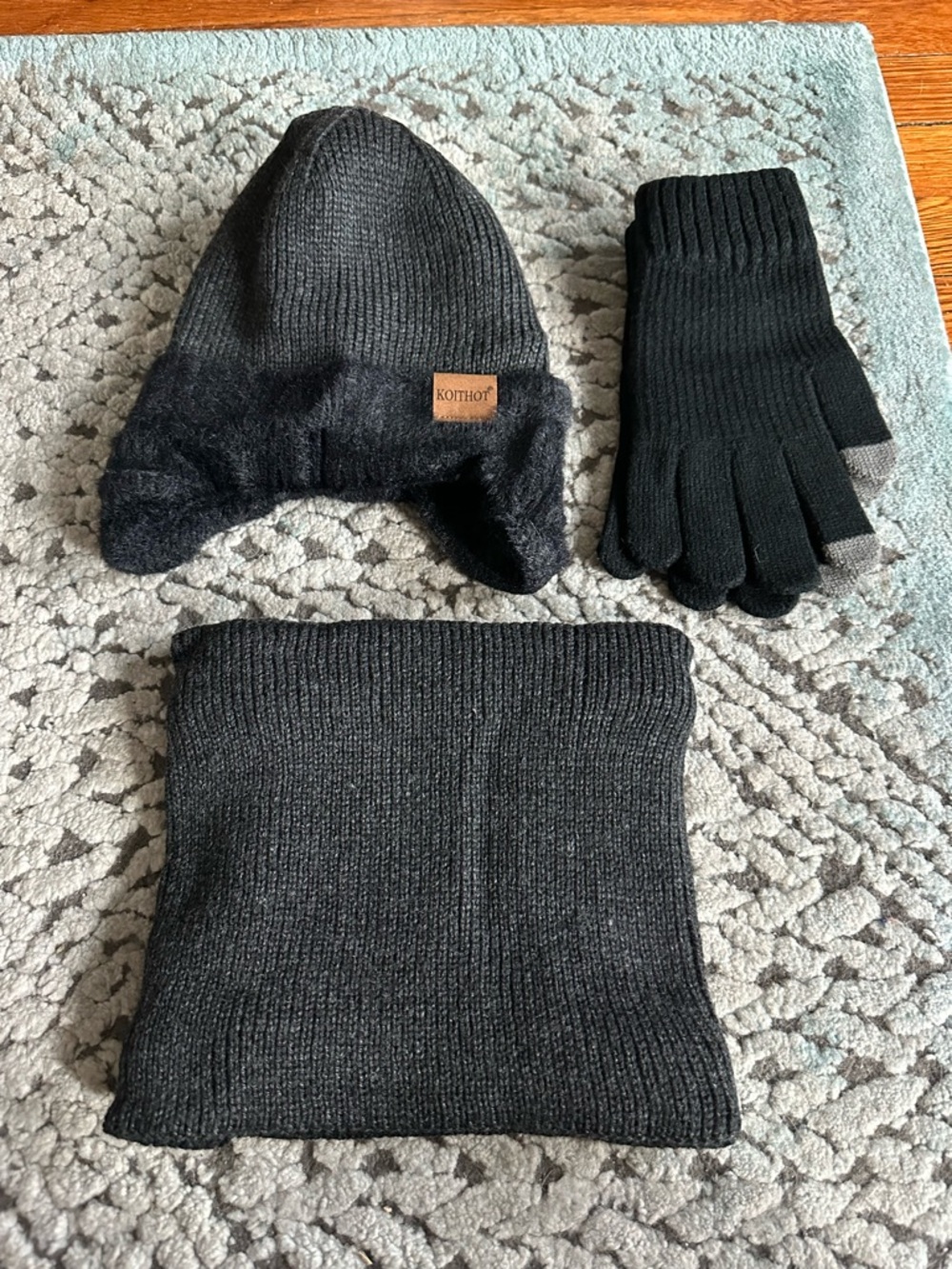Black Knit Beanie, Gloves & Neck Warmer Set for Men